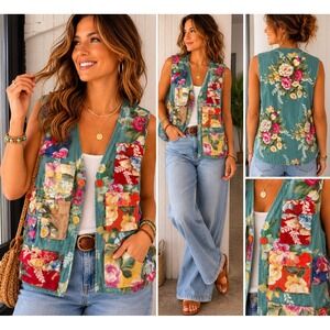 Susan Bristol Womens Large Floral Patchwork Utility Vest Teal Green Cotton Linen